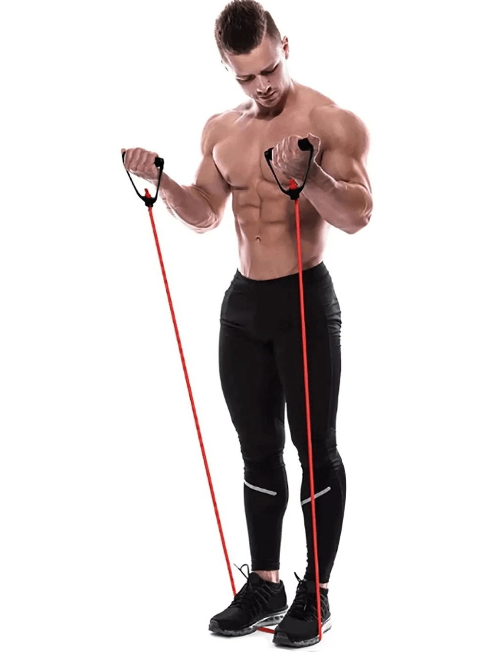 Man using Resistance Exercise Bands for Training At Home - SF3431 with red bands and handles for strength workout.